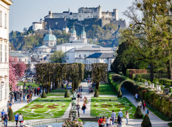Kleines Gartenparterre mit Pegasusbrunnen und Festung  Salzburg Salzburg Österreich by Peter Ehlert in Salzburg mit Schloss Hellbrunn